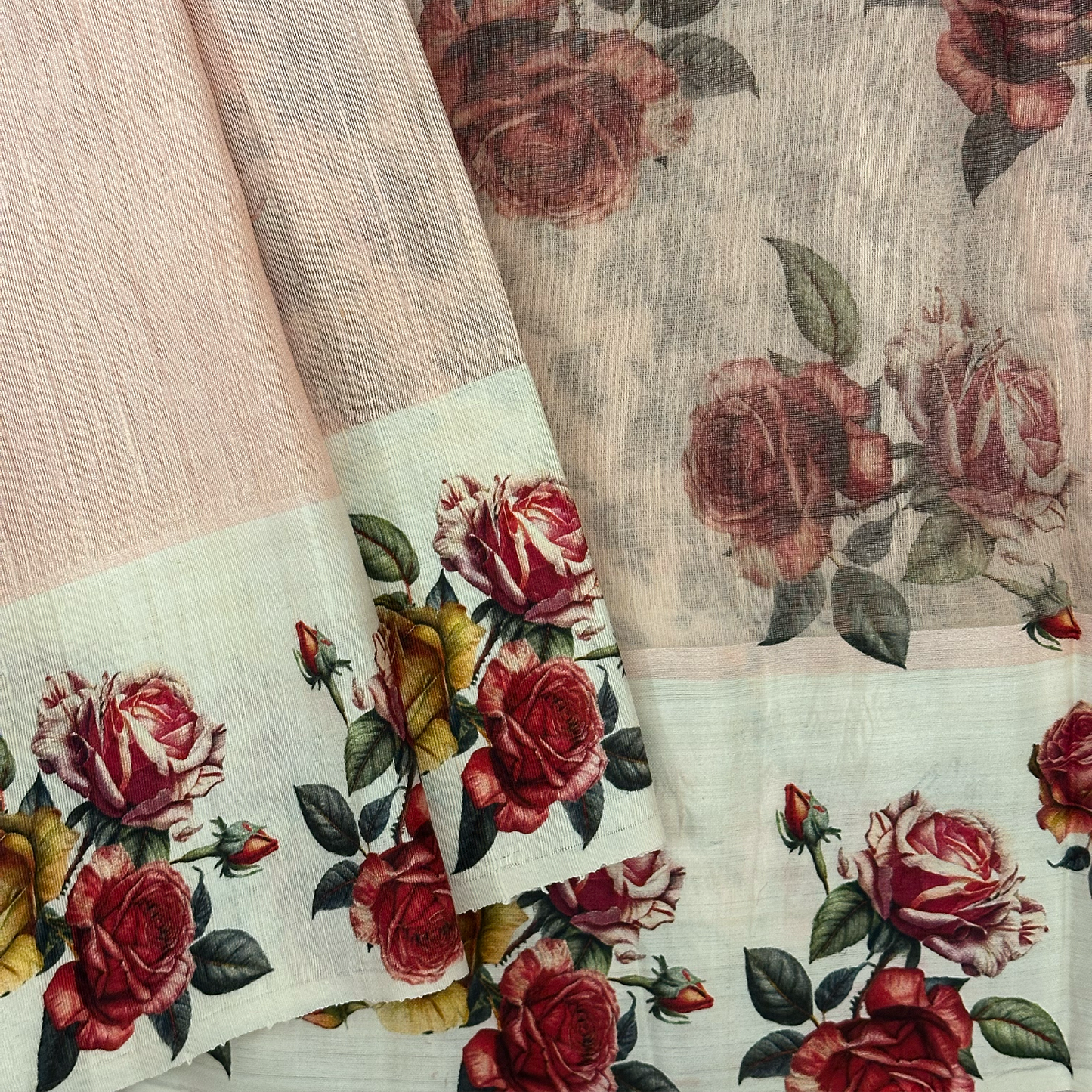 Peach Linen Silk Saree with Floral Digital Printed Border