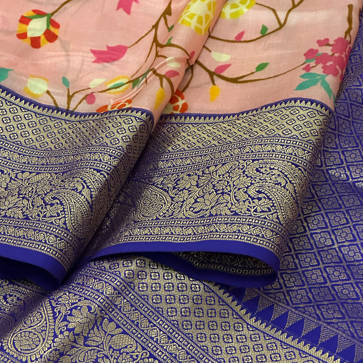 Baby Pink Kanchipuram Silk Saree with Digital Floral Print and Blouse