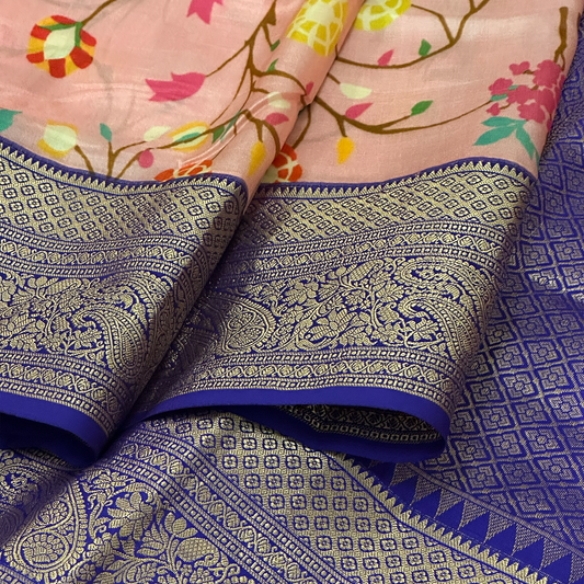 Baby Pink Kanchipuram Silk Saree with Digital Floral Print and Blouse