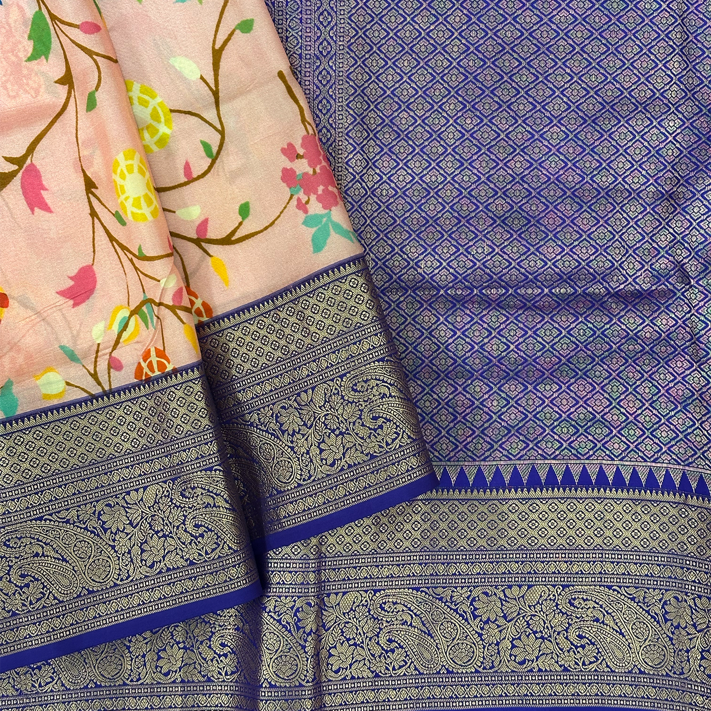 Baby Pink Kanchipuram Silk Saree with Digital Floral Print and Blouse