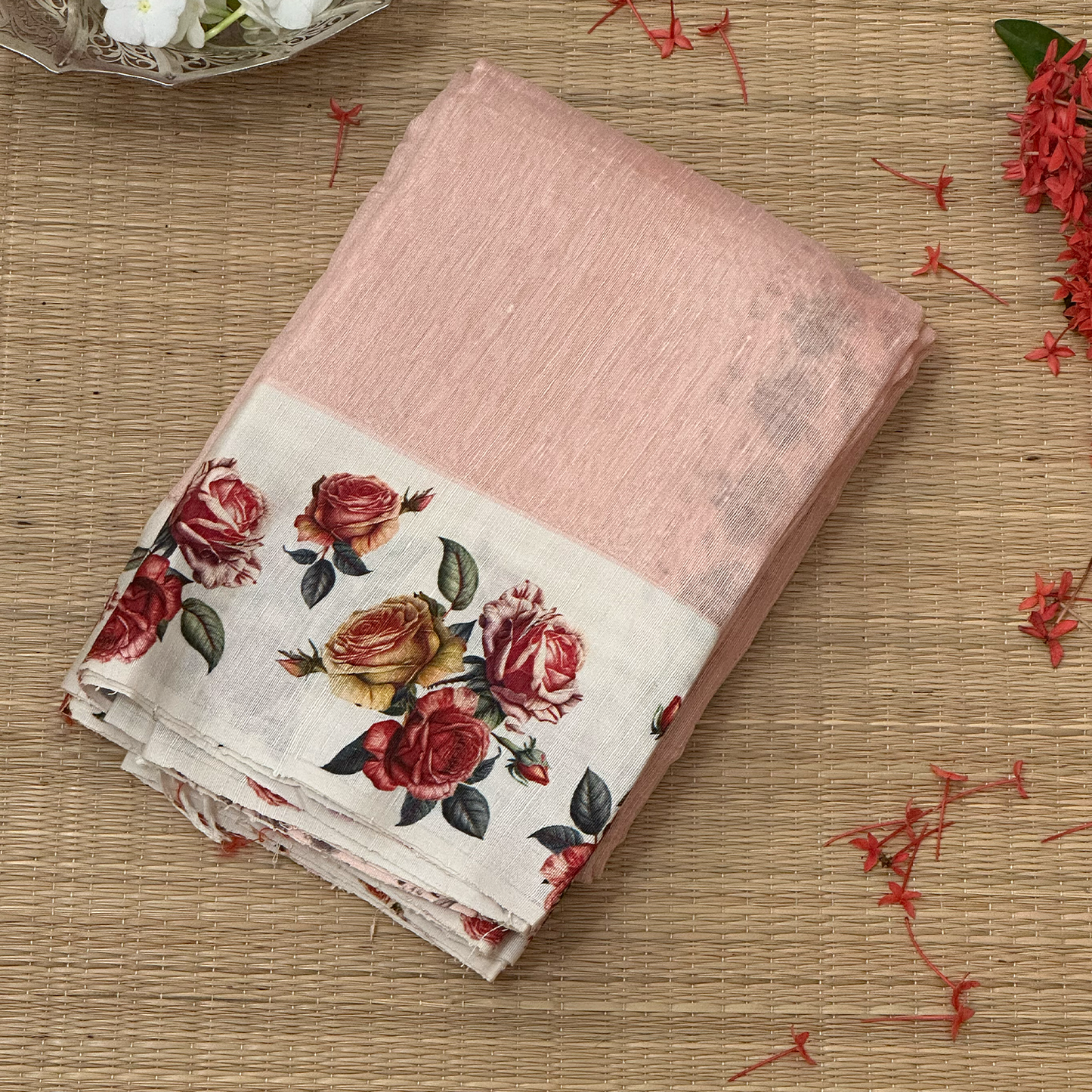 Peach Linen Silk Saree with Floral Digital Printed Border