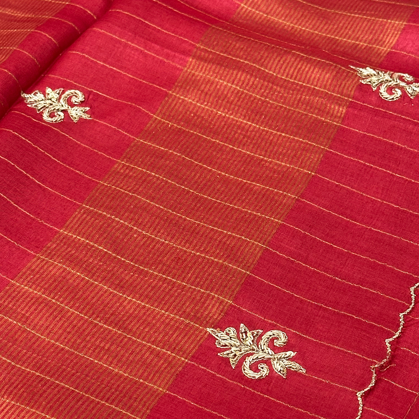 Ruby Pink Tussar Silk Saree with Zari Checks and Hand Embroidery