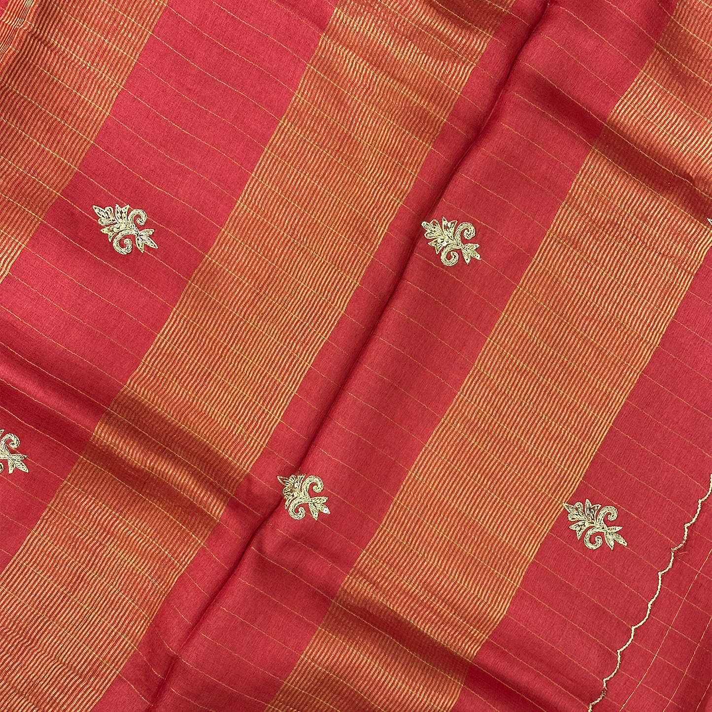 Ruby Pink Tussar Silk Saree with Zari Checks and Hand Embroidery