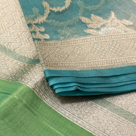 Electric Blue Kora Tissue Banarasi Saree with Matching Banarasi Blouse Fabric