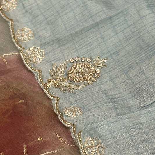 Digital Printed Tissue Organza Saree with Hand Embroidery Detailing
