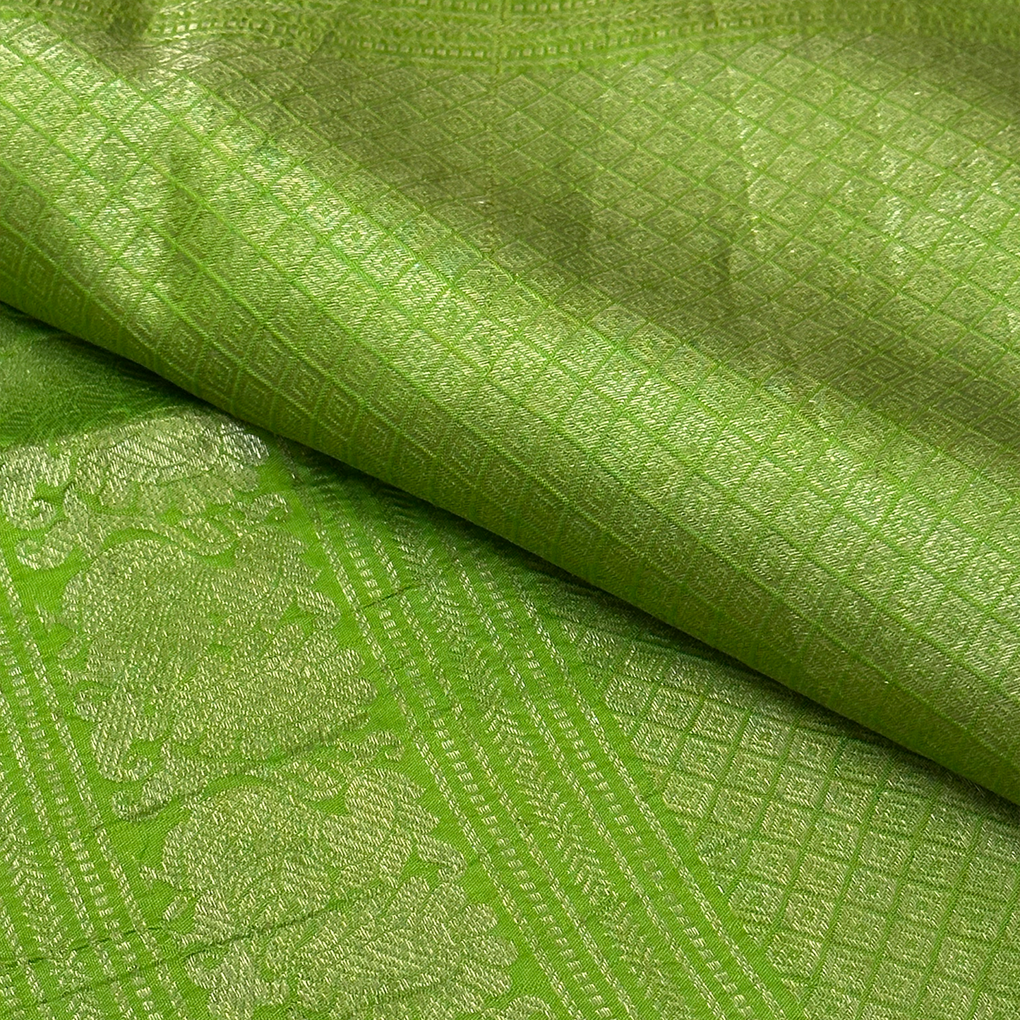 Parrot Green Kanchipuram Silk Saree with Digital Print and Antique Temple Border