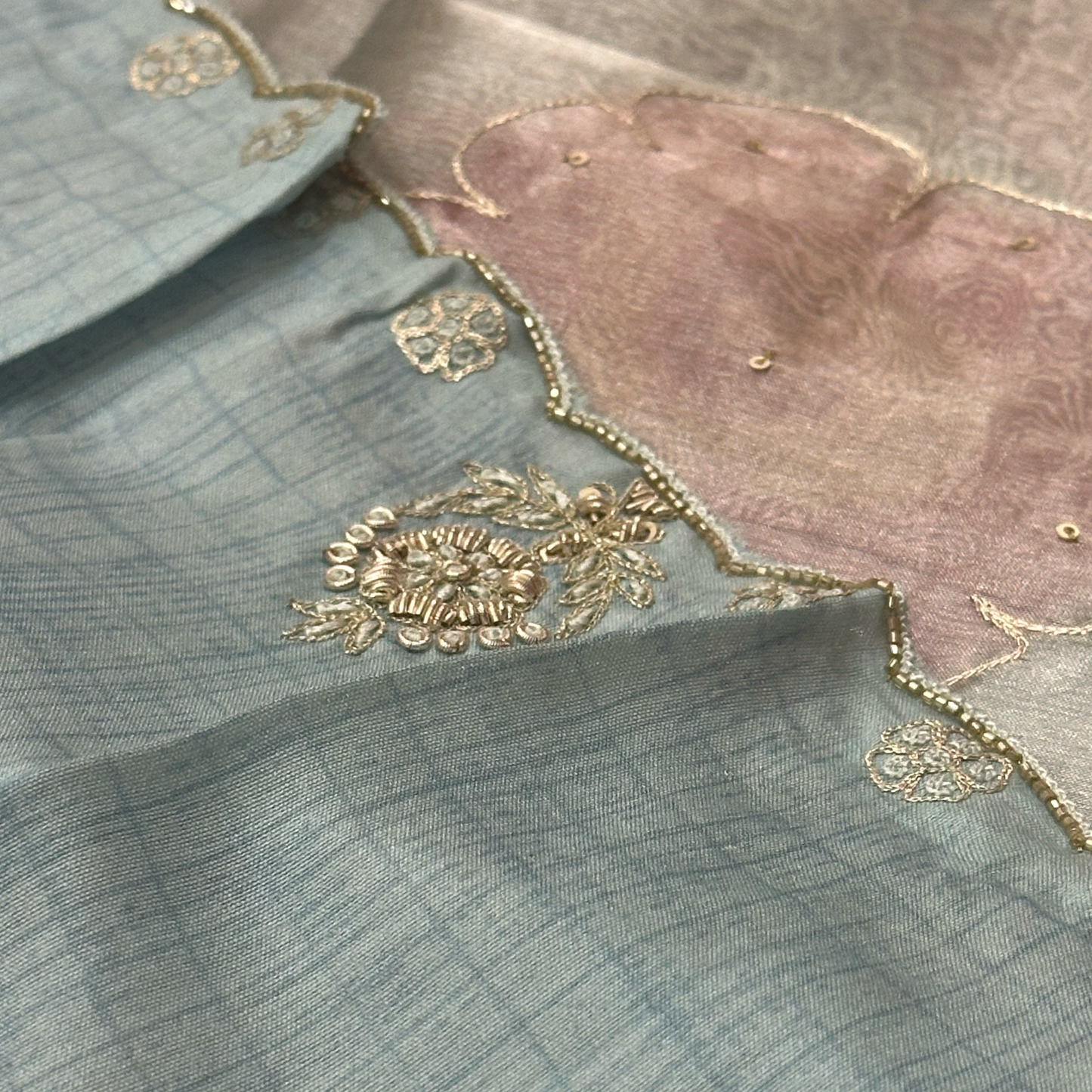 Digital Printed Tissue Organza Saree with Hand Embroidery Detailing