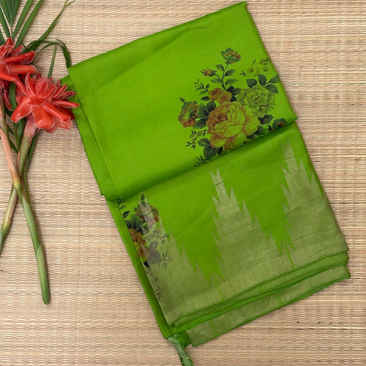 Parrot Green Kanchipuram Silk Saree with Digital Print and Antique Temple Border