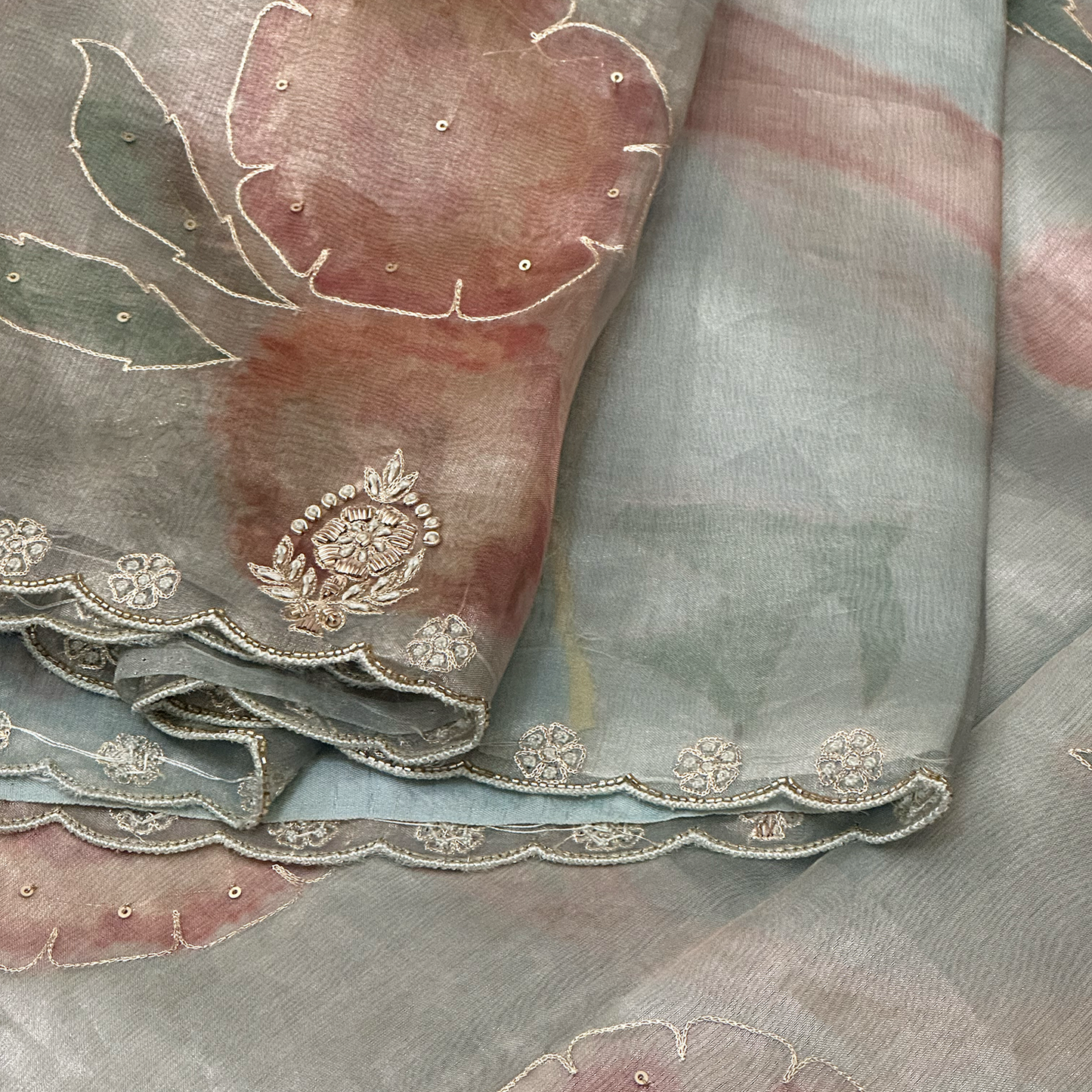 Digital Printed Tissue Organza Saree with Hand Embroidery Detailing