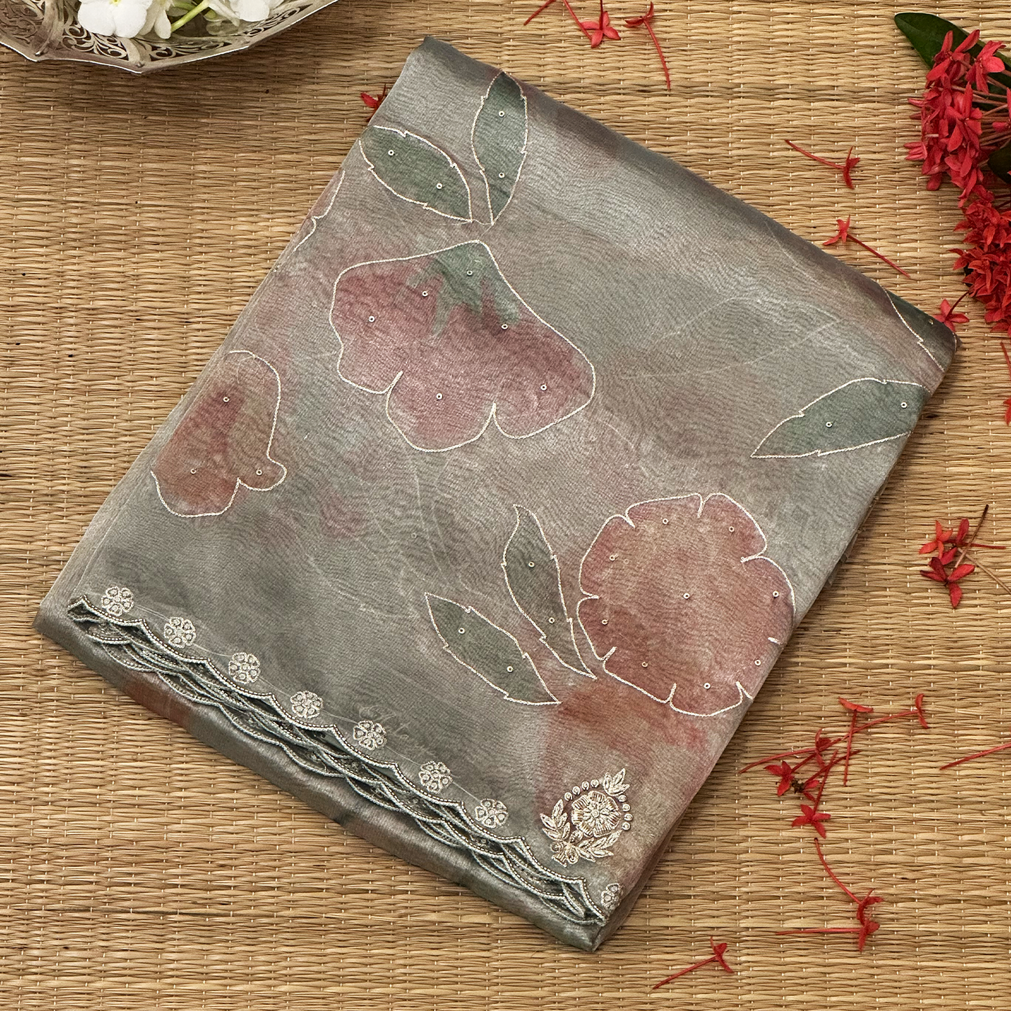 Digital Printed Tissue Organza Saree with Hand Embroidery Detailing