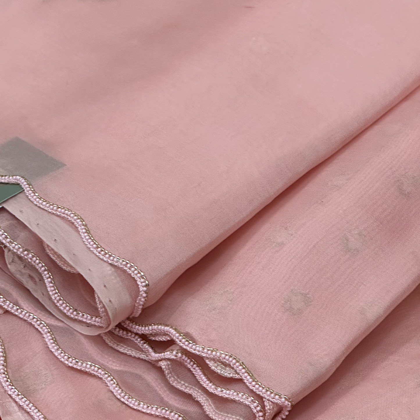 Light Pink Silk Organza Saree with Hand Embroidery & Scallop Border
