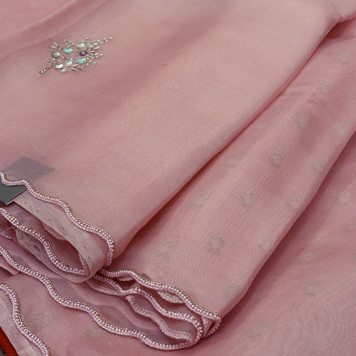 Light Pink Silk Organza Saree with Hand Embroidery & Scallop Border