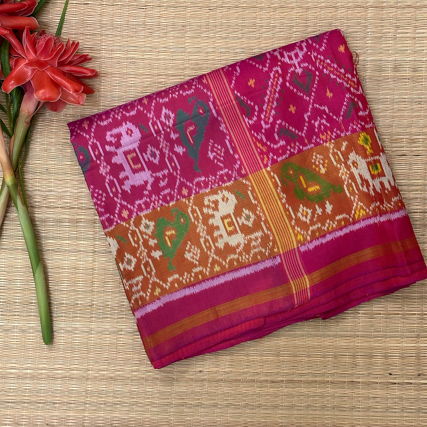 Pink Single Ikkat Patola Silk Saree with Classic Traditional Design and Blouse
