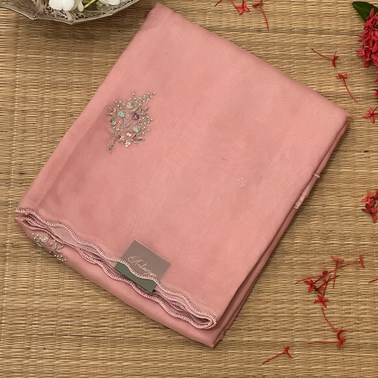 Light Pink Silk Organza Saree with Hand Embroidery & Scallop Border