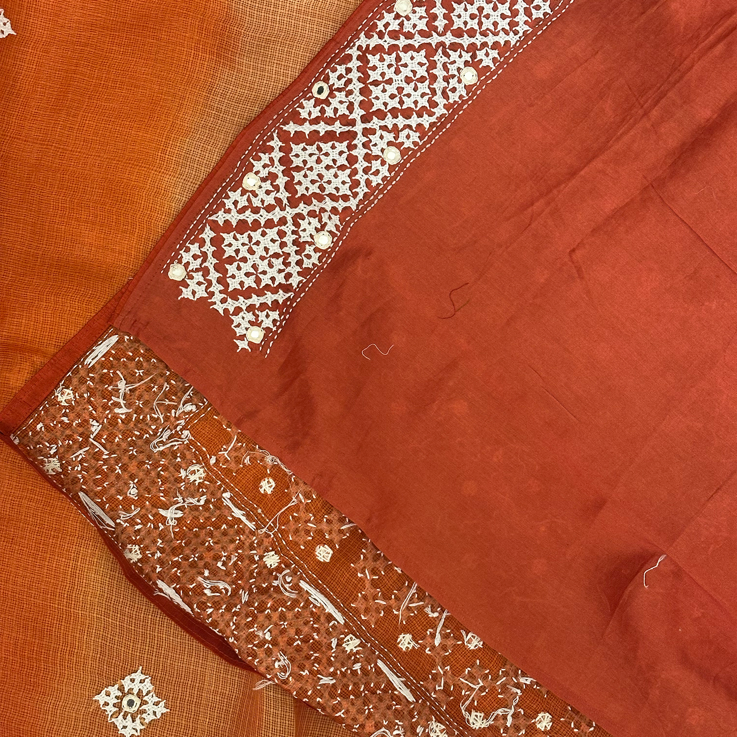 Orange Shaded Silk Kota Saree with Intricate Kutch Embroidery