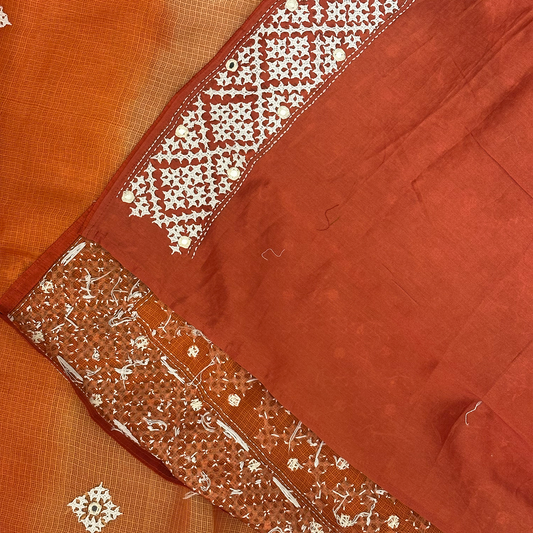 Orange Shaded Silk Kota Saree with Intricate Kutch Embroidery