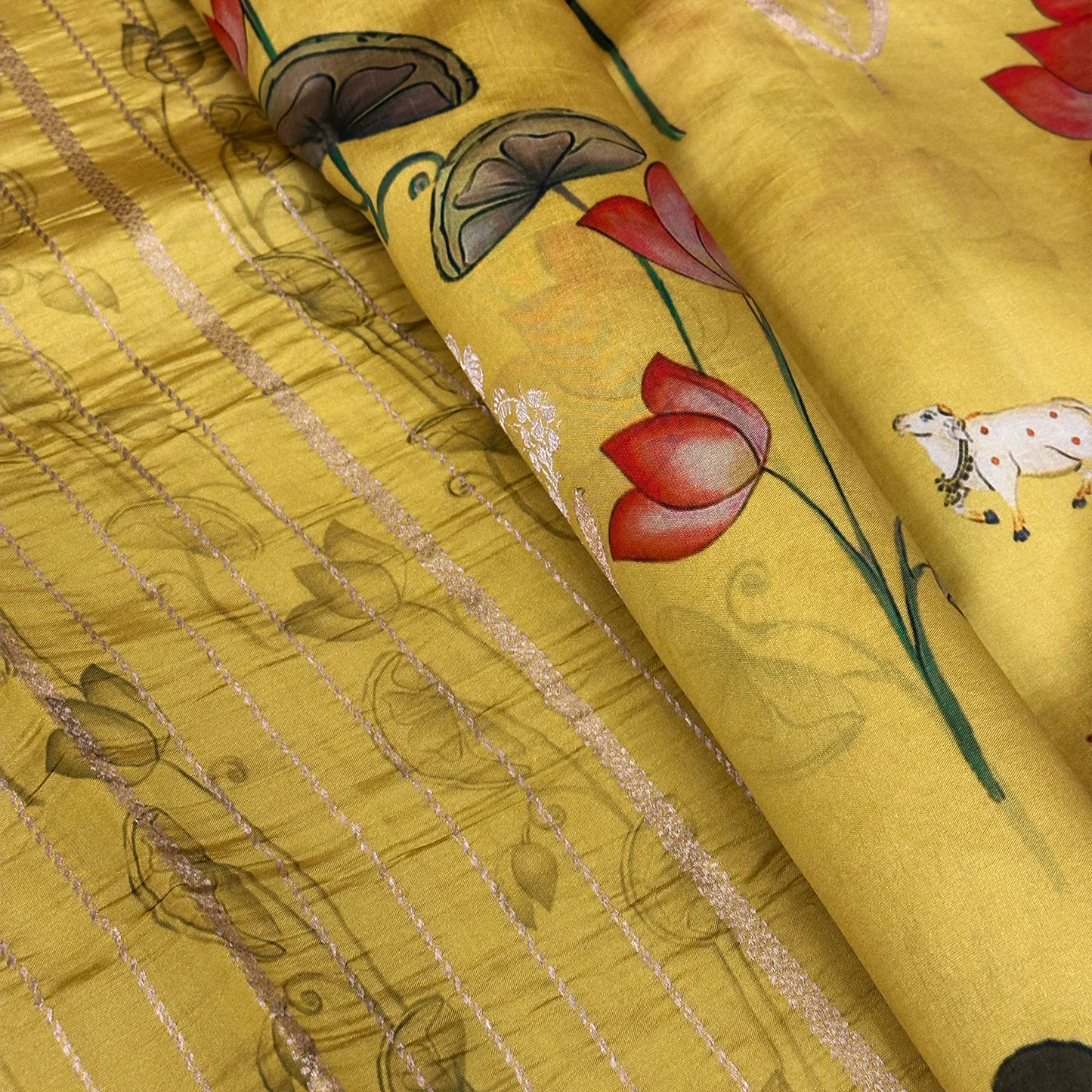 Mehndi Yellow Pure Silk Banarasi Saree with Pichwai Print for Wedding