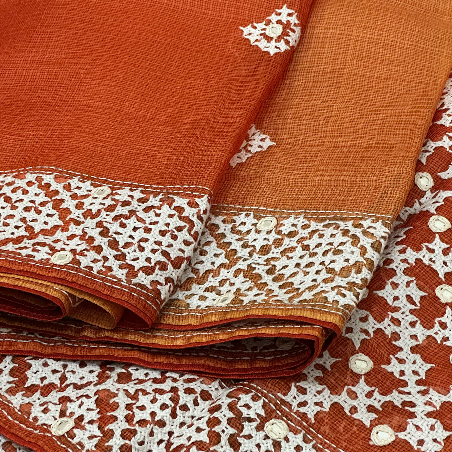 Orange Shaded Silk Kota Saree with Intricate Kutch Embroidery