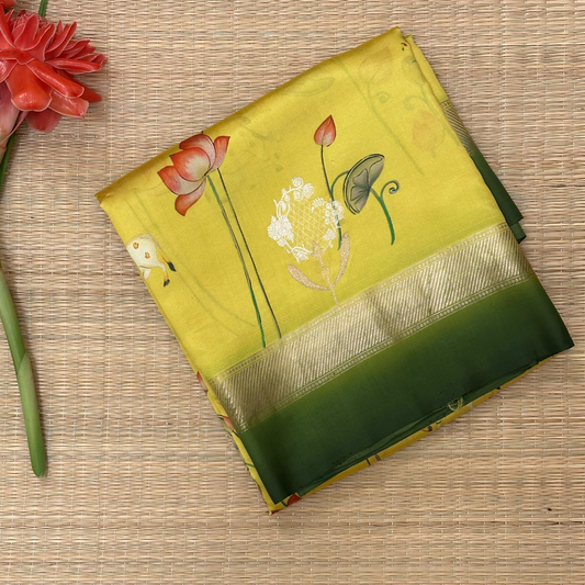 Mehndi Yellow Pure Silk Banarasi Saree with Pichwai Print for Wedding