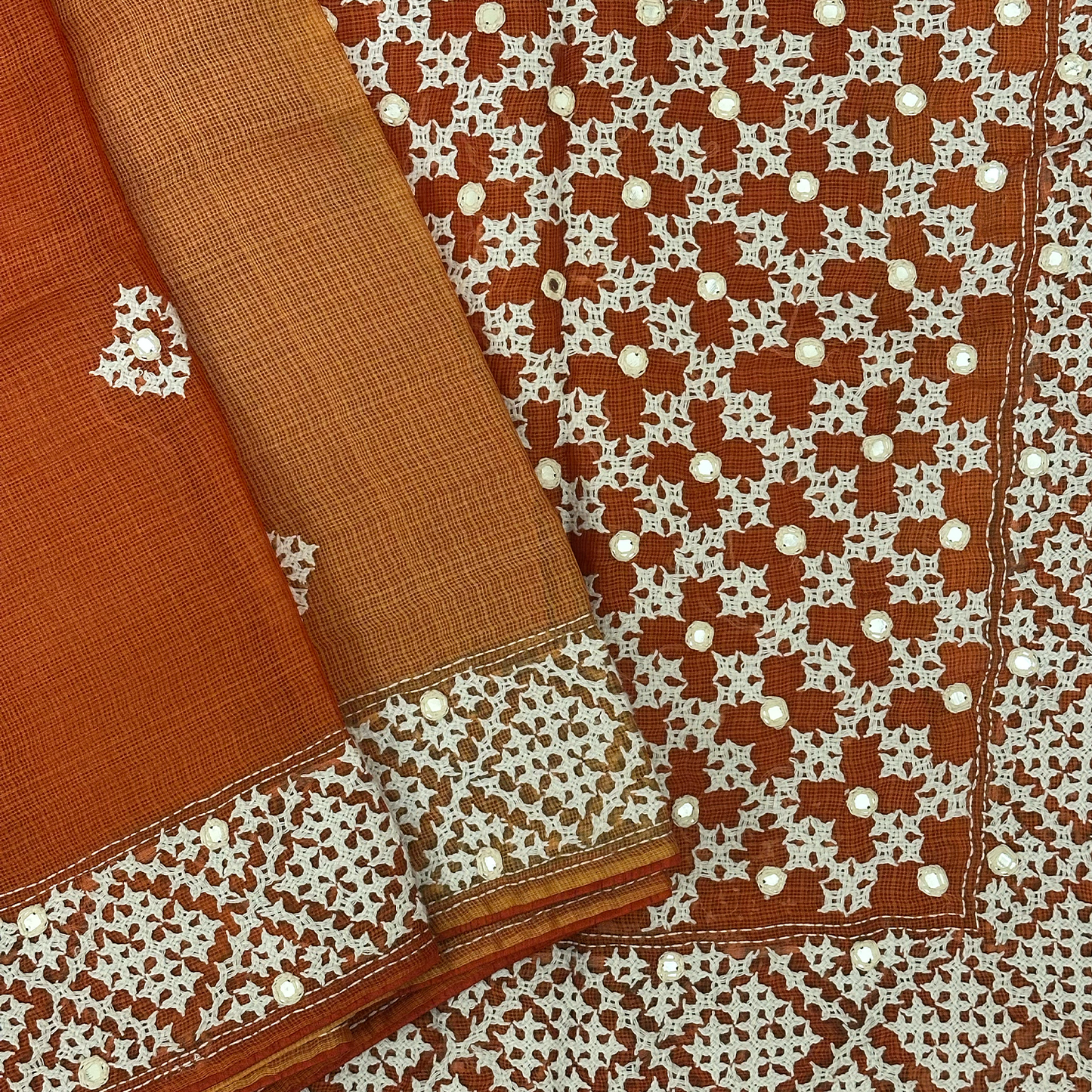 Orange Shaded Silk Kota Saree with Intricate Kutch Embroidery