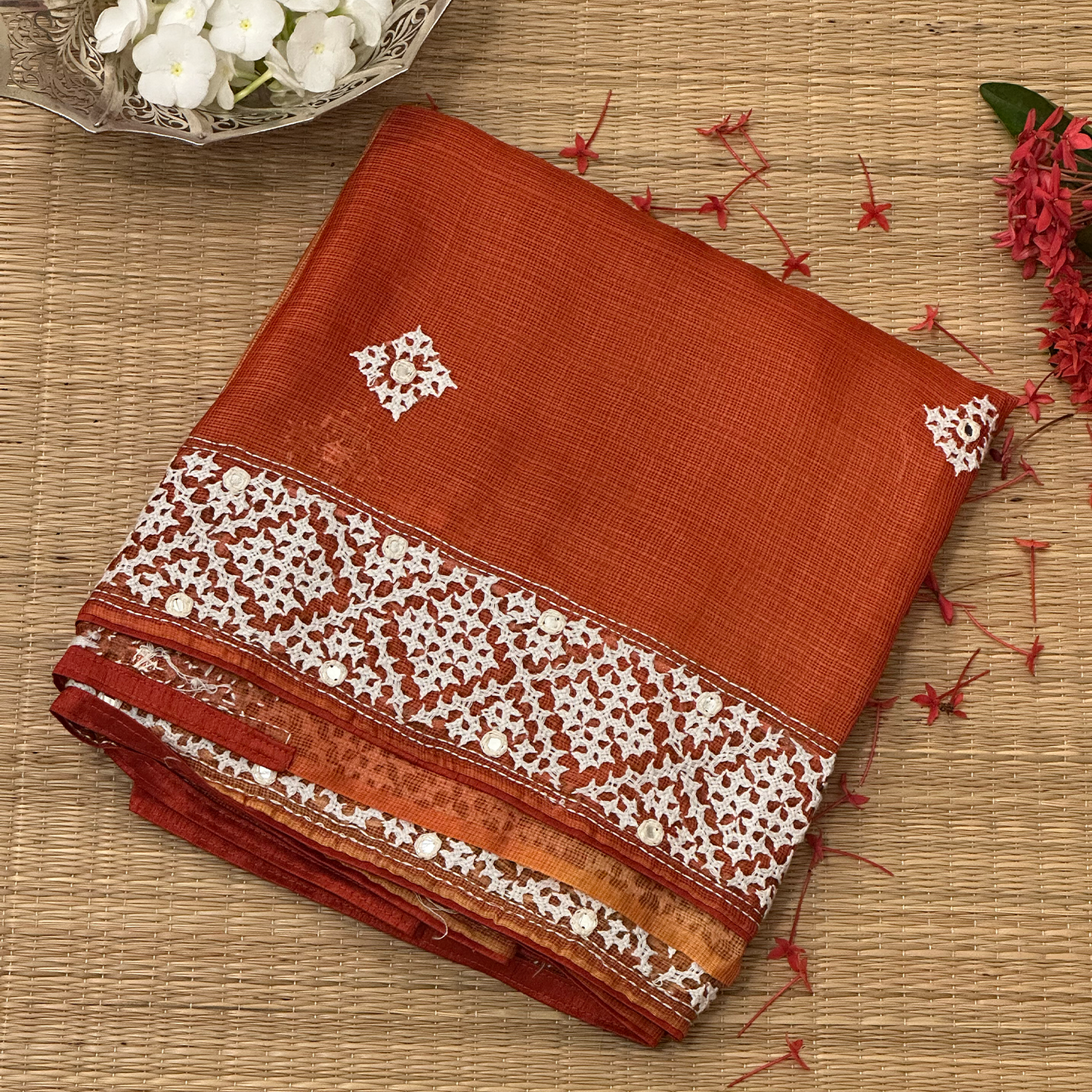 Orange Shaded Silk Kota Saree with Intricate Kutch Embroidery