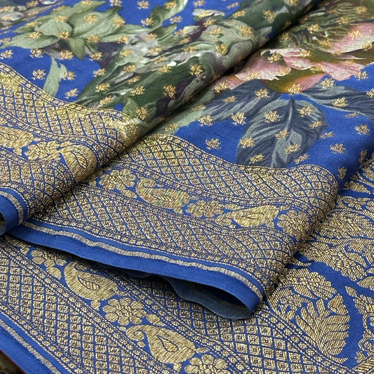 Blue Digital Printed Georgette Banarasi Saree with Antique Zari Detailing