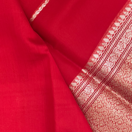 Chilli Red Kora Banarasi Saree with Pure Zari Border and Blouse