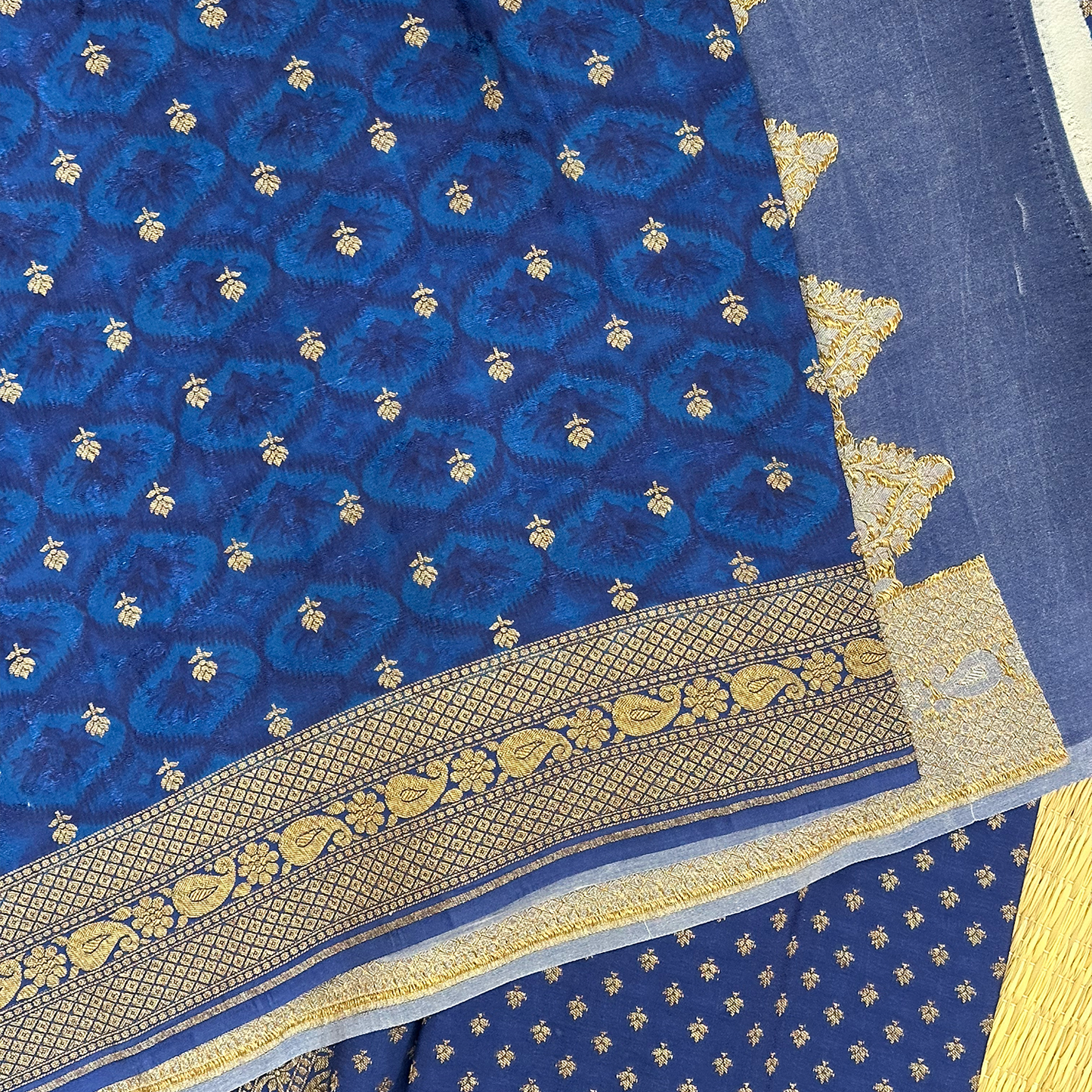 Blue Digital Printed Georgette Banarasi Saree with Antique Zari Detailing