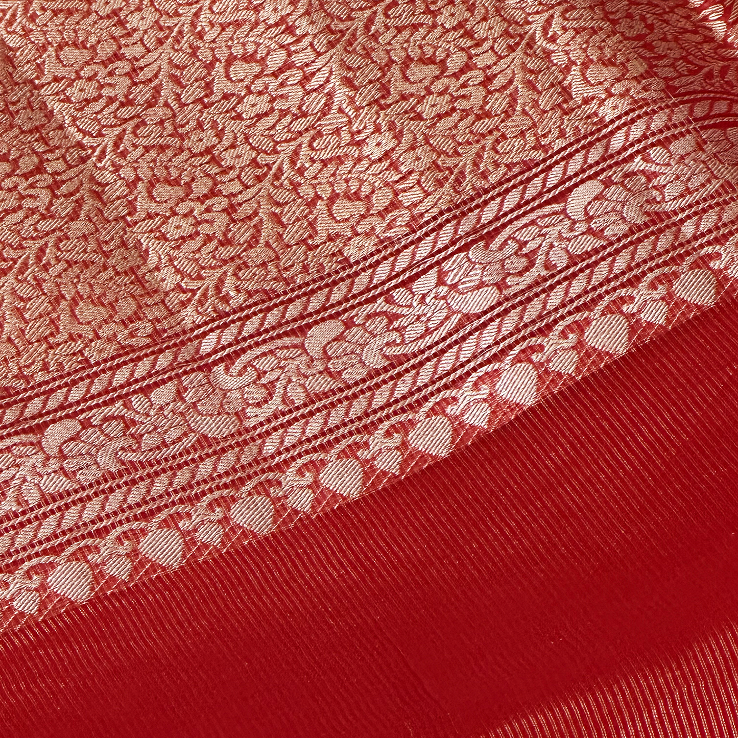 Chilli Red Kora Banarasi Saree with Pure Zari Border and Blouse