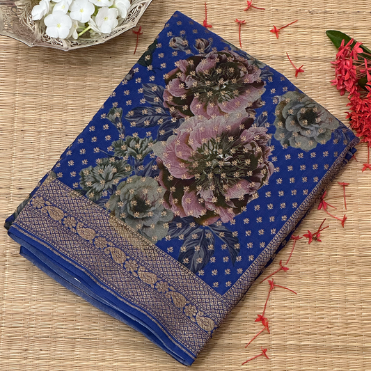 Blue Digital Printed Georgette Banarasi Saree with Antique Zari Detailing