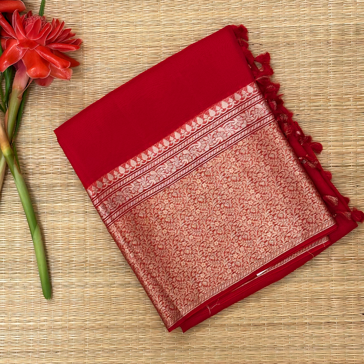 Chilli Red Kora Banarasi Saree with Pure Zari Border and Blouse