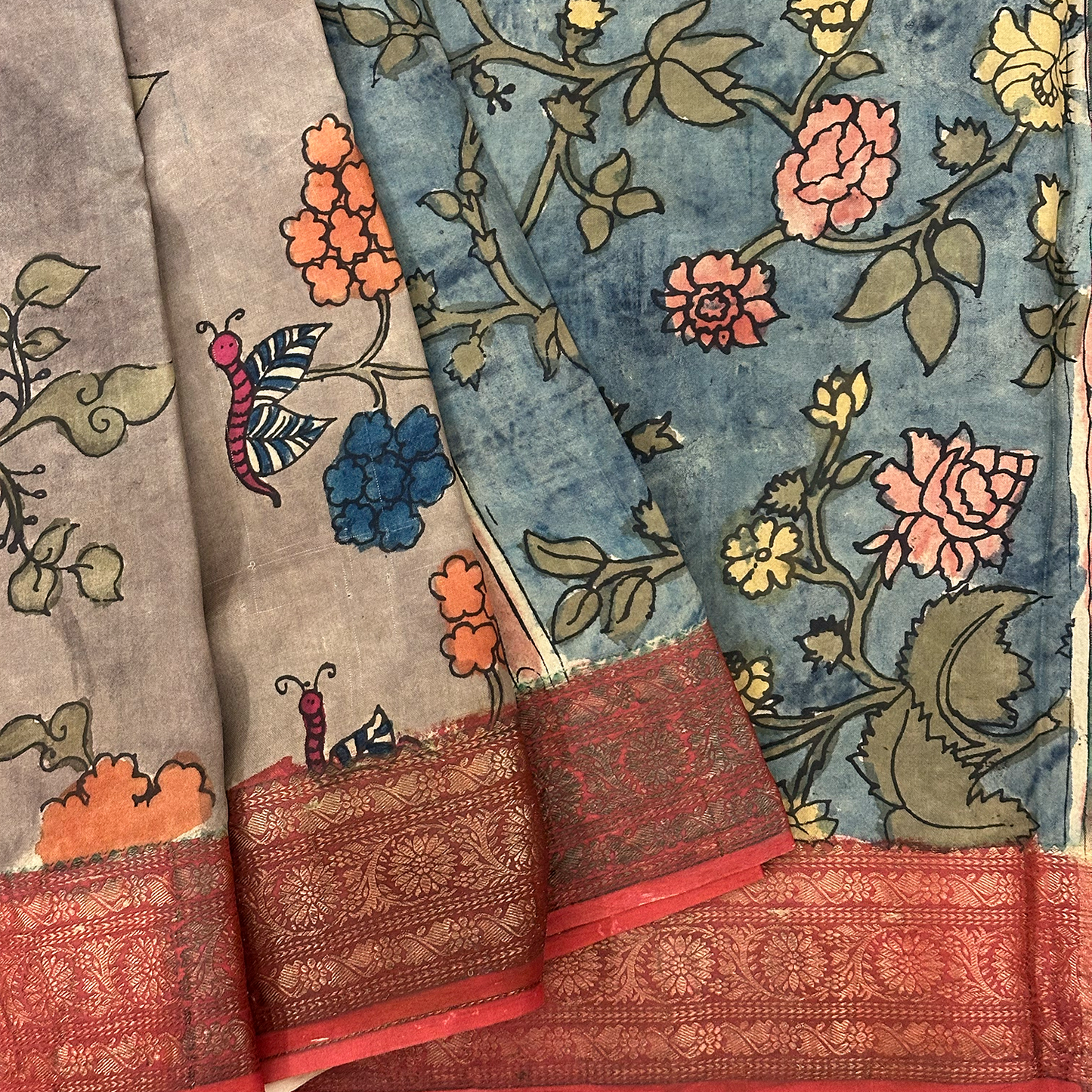 Earthy Brown Pen Kalamkari Saree on Banarasi Weave with Handcrafted Detailing