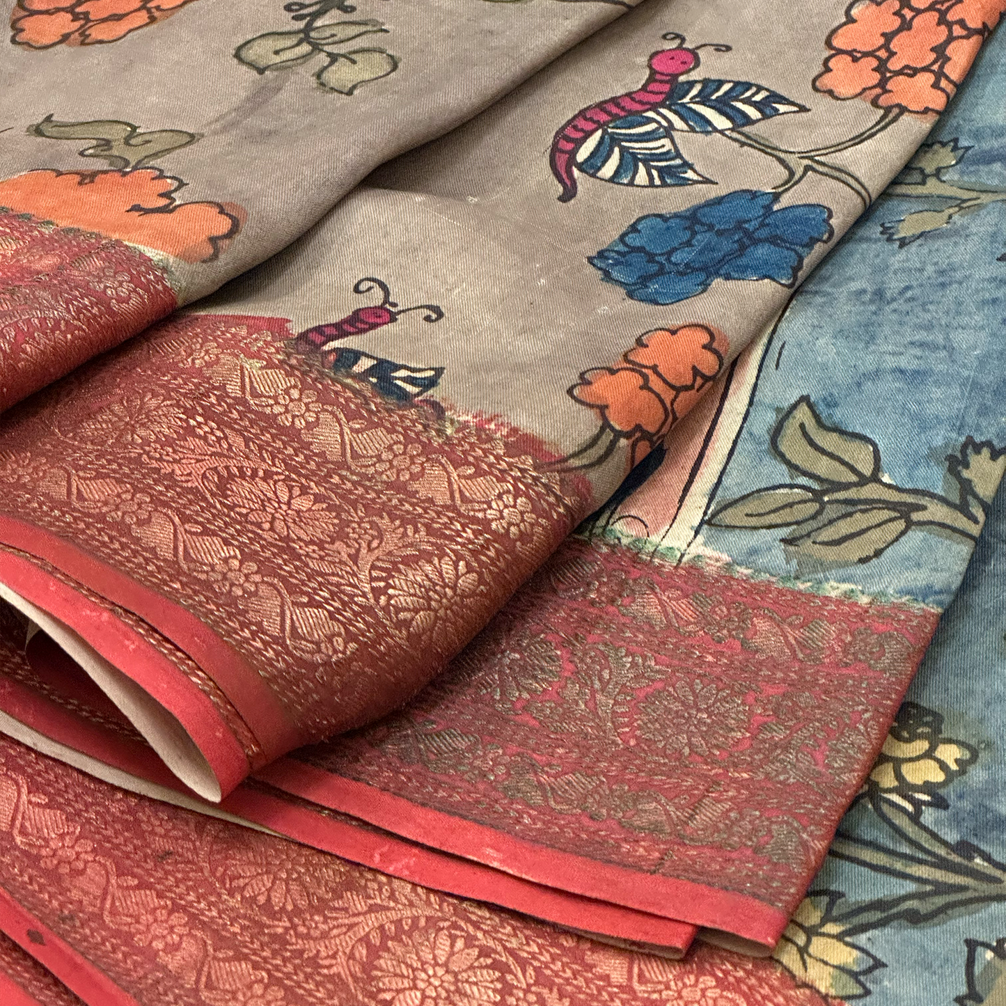 Earthy Brown Pen Kalamkari Saree on Banarasi Weave with Handcrafted Detailing