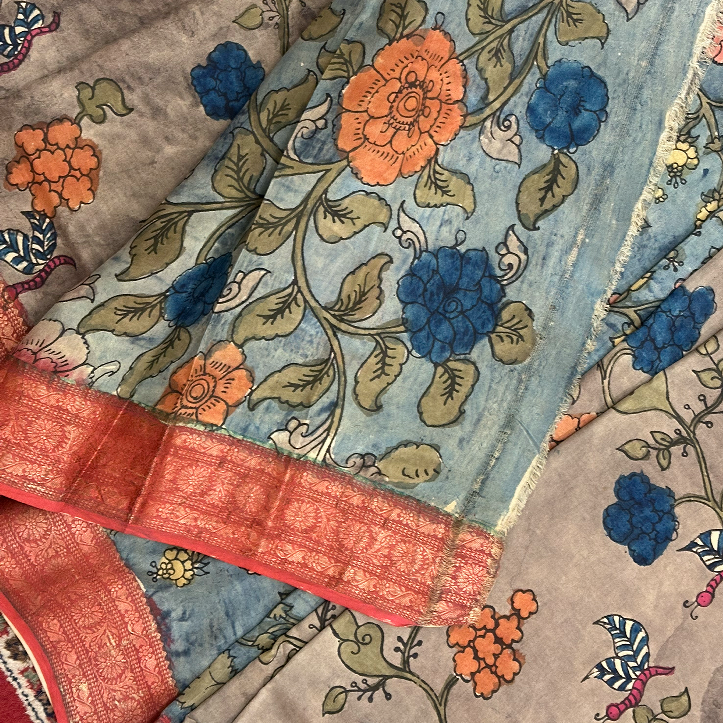 Earthy Brown Pen Kalamkari Saree on Banarasi Weave with Handcrafted Detailing