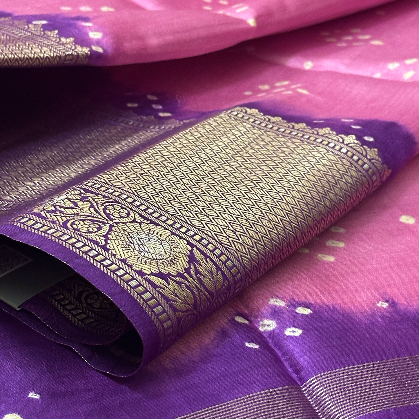 Pink and Violet Bandhani Kanchipuram Silk Saree with Zari Border