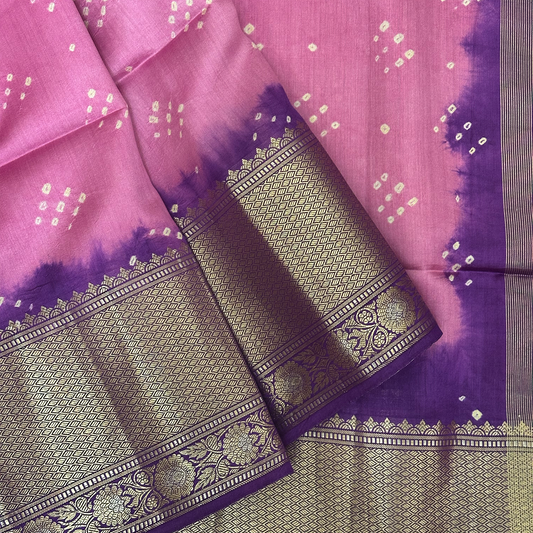 Pink and Violet Bandhani Kanchipuram Silk Saree with Zari Border