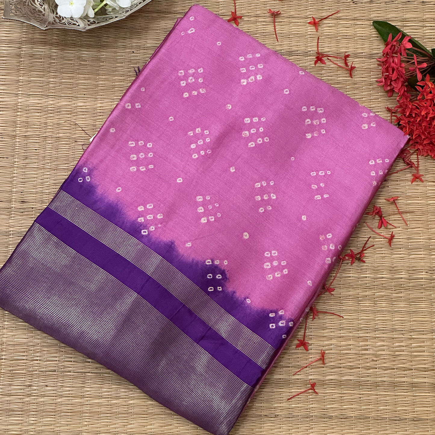 Pink and Violet Bandhani Kanchipuram Silk Saree with Zari Border