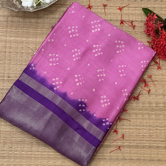 Pink and Violet Bandhani Kanchipuram Silk Saree with Zari Border