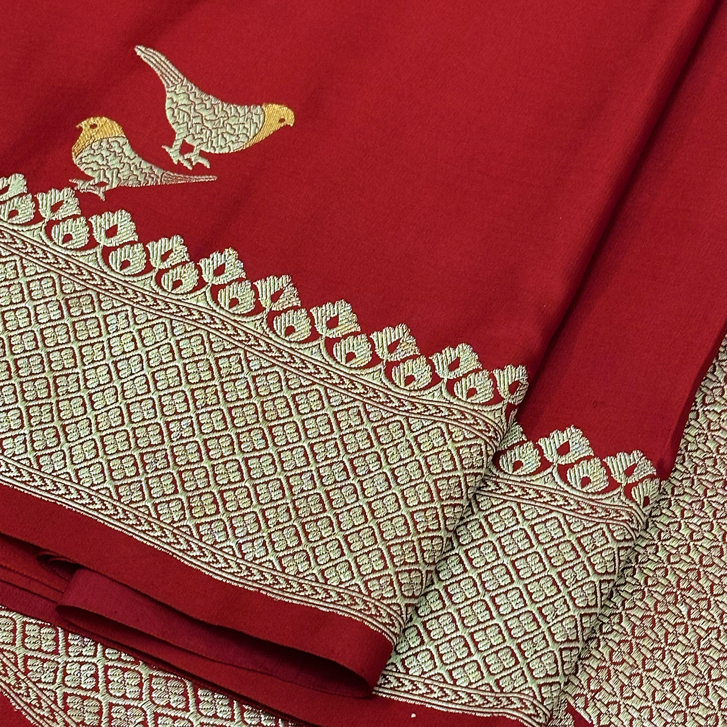 Maroon Mushru Silk Banarasi Saree with Pure Zari & Intricate Bird Motif Weave