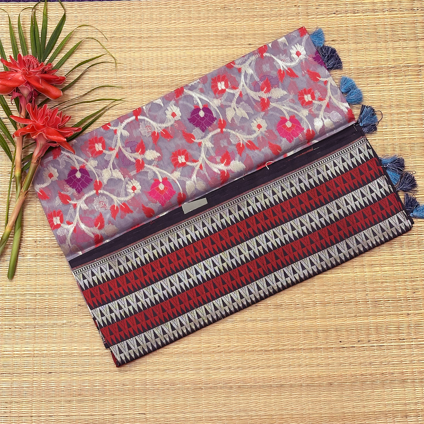 Metallic Grey Kora Tissue Banarasi Saree with Meenakari Floral Weave