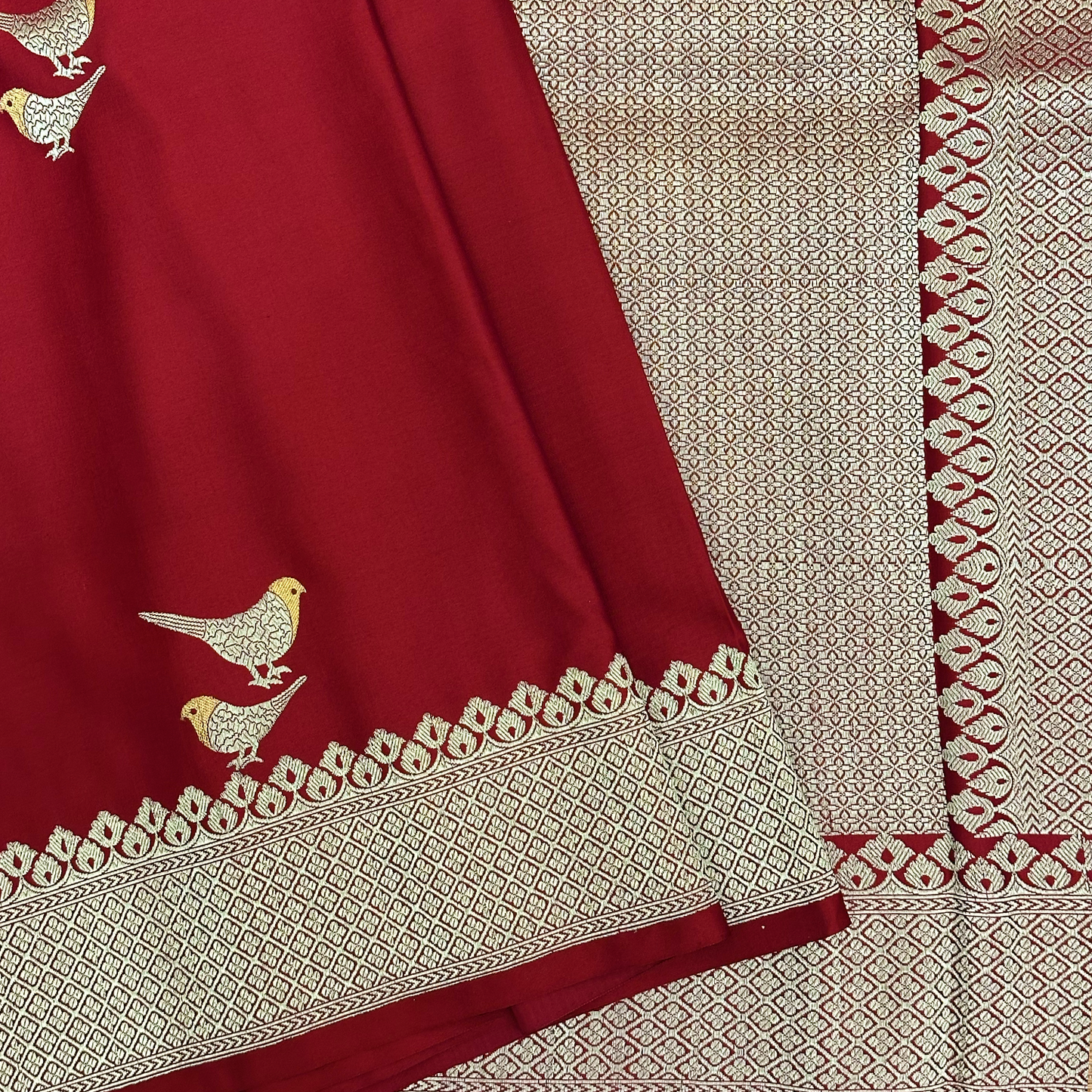 Maroon Mushru Silk Banarasi Saree with Pure Zari & Intricate Bird Motif Weave