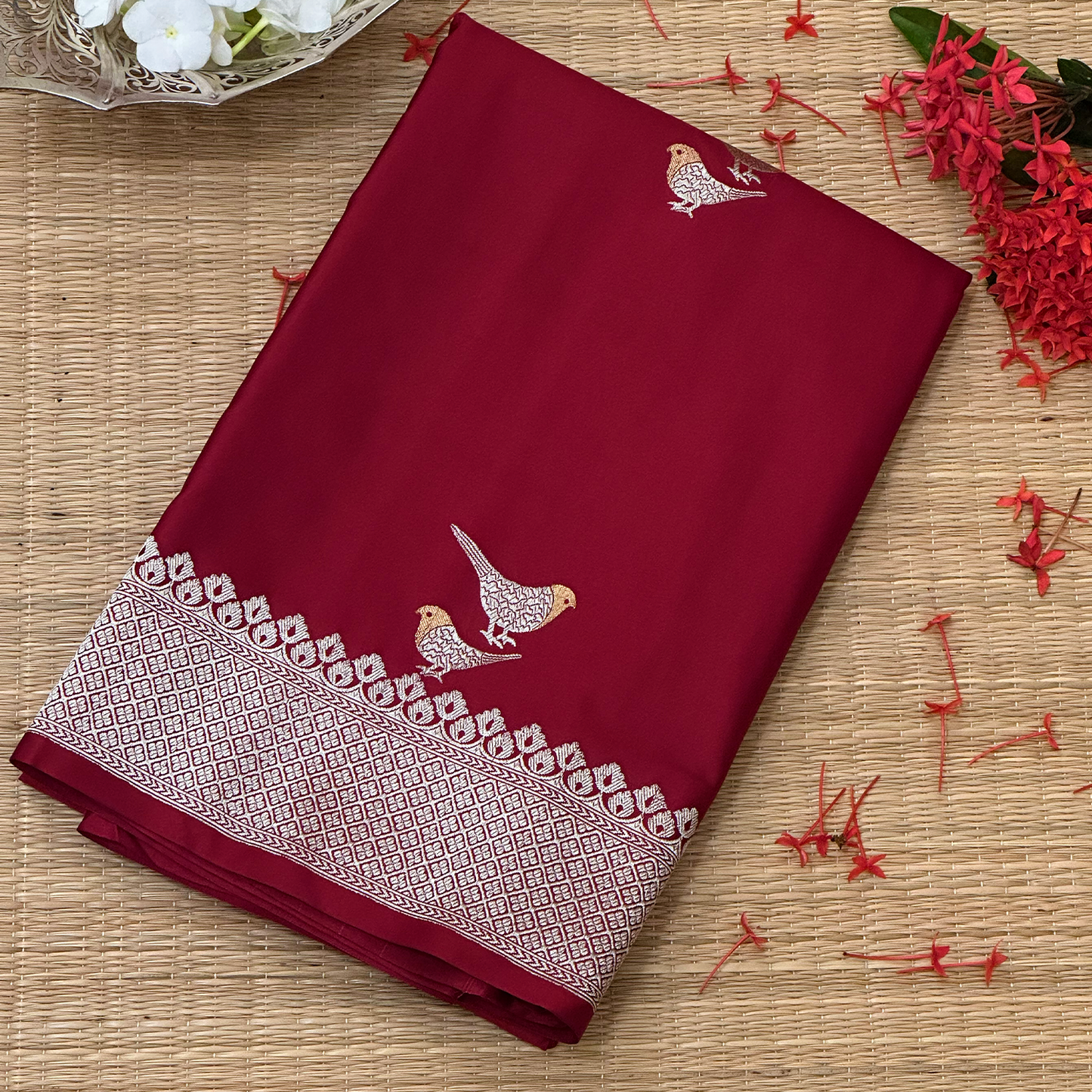 Maroon Mushru Silk Banarasi Saree with Pure Zari & Intricate Bird Motif Weave