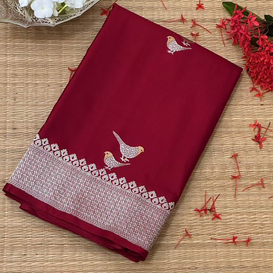 Maroon Mushru Silk Banarasi Saree with Pure Zari & Intricate Bird Motif Weave