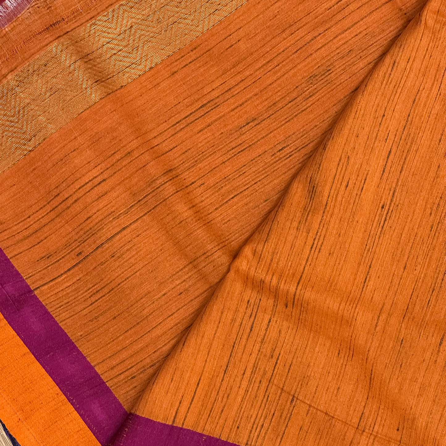 Red Tussar Banarasi Saree with Floral Weave & Neon Orange Zari Border