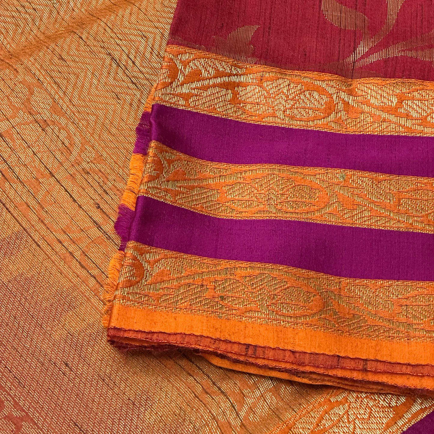 Red Tussar Banarasi Saree with Floral Weave & Neon Orange Zari Border