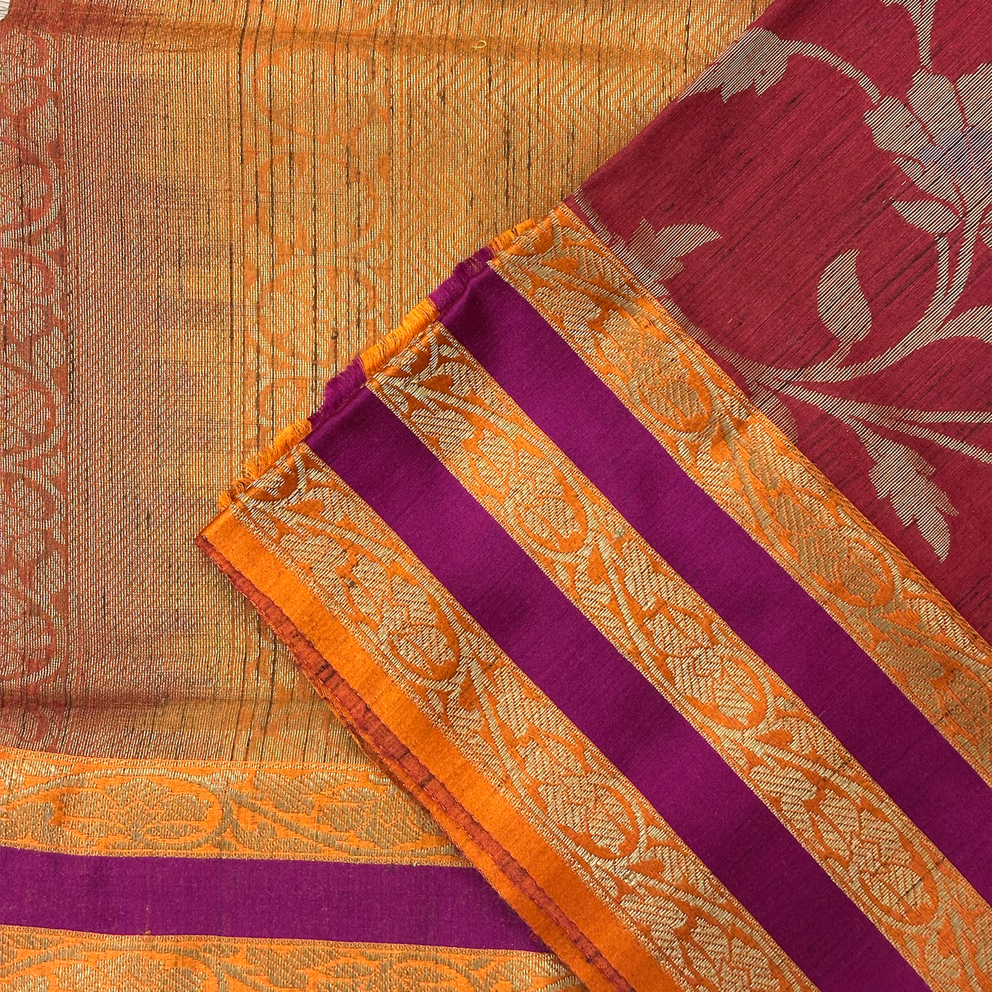 Red Tussar Banarasi Saree with Floral Weave & Neon Orange Zari Border