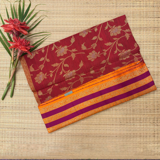 Red Tussar Banarasi Saree with Floral Weave & Neon Orange Zari Border
