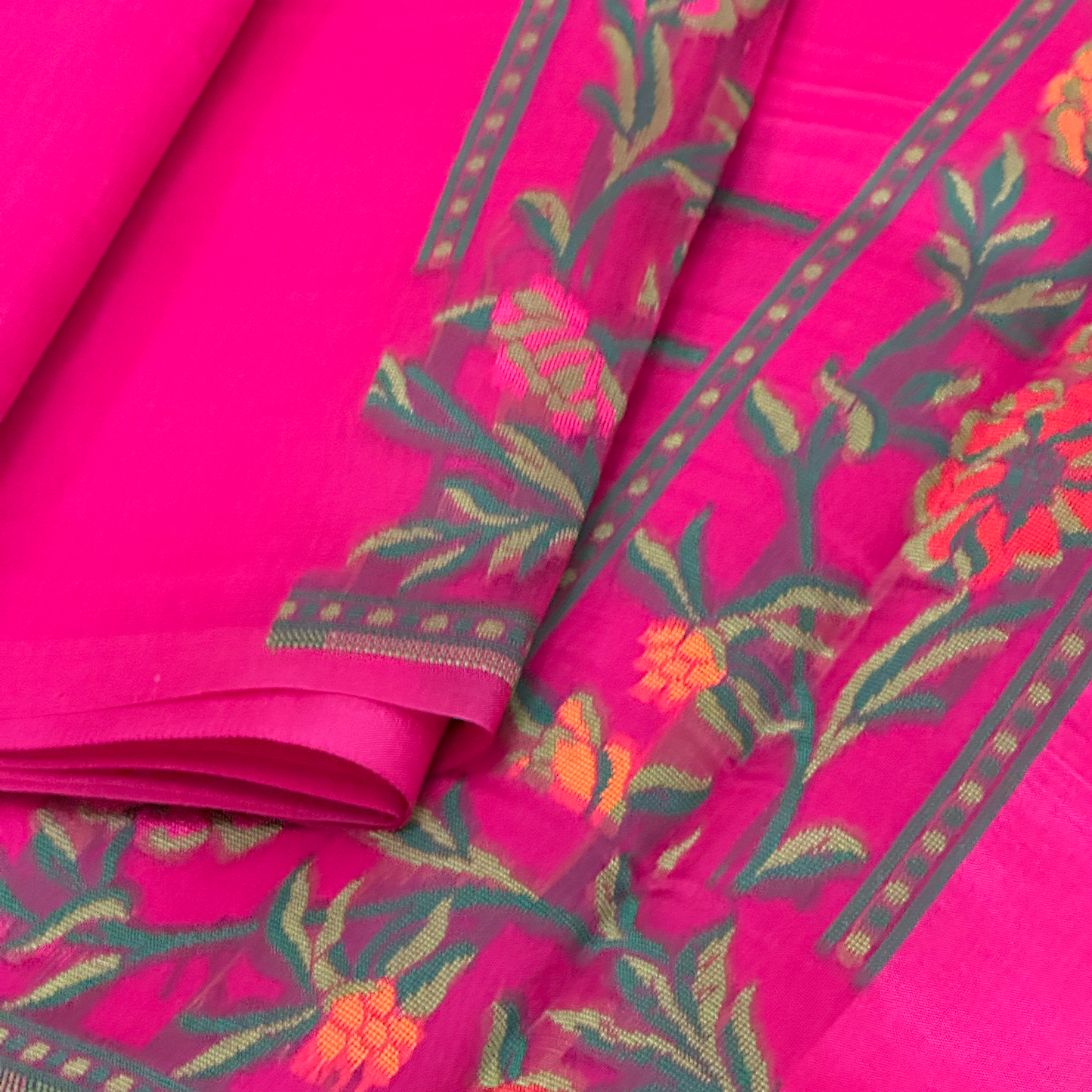 Magenta Silk Organza Jamdani Saree with Floral Weave & Intricate Border