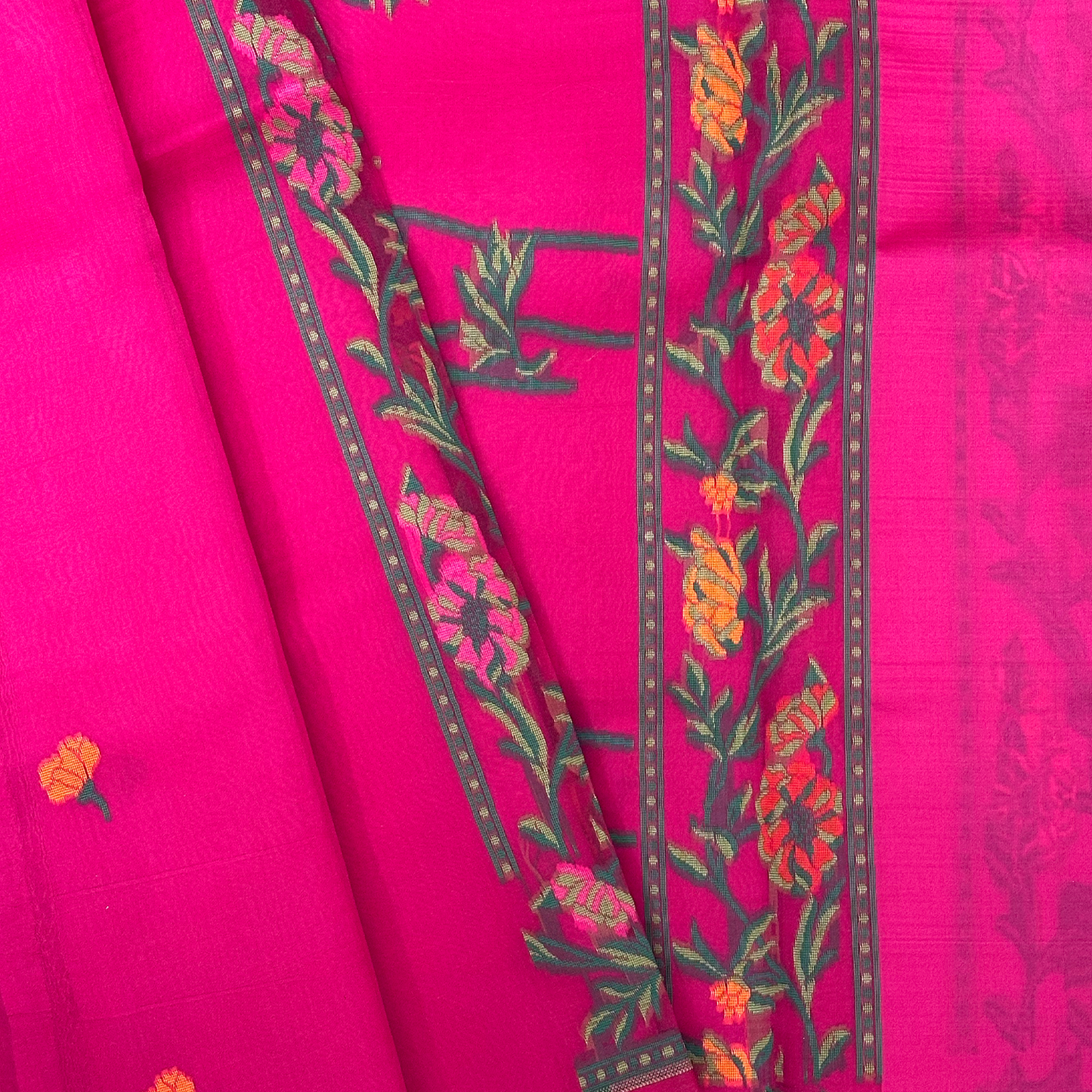 Magenta Silk Organza Jamdani Saree with Floral Weave & Intricate Border