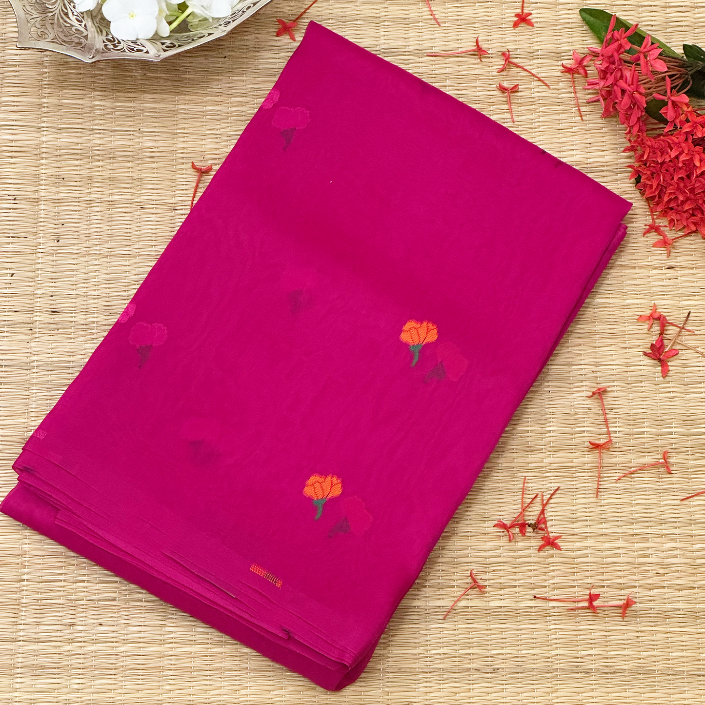 Magenta Silk Organza Jamdani Saree with Floral Weave & Intricate Border